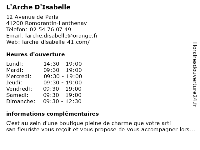 Horaires d ouverture L Arche D Isabelle 12 Avenue de Paris